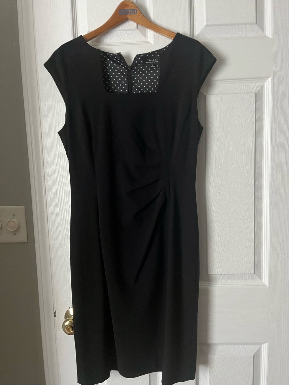 Tahari Black Midi Sheath Dress with Polka Dot Trim
